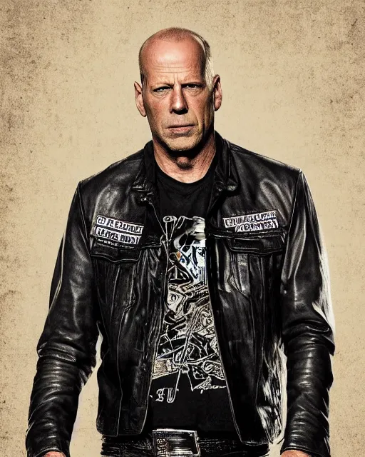 Image similar to Bruce Willis in sons of anarchy tv show, wearing samcrow leather jacket, D&D style , highly detailed, digital art, trending on artstation, smooth, sharp focus, illustration, art by artgem and ROBERT HYNES