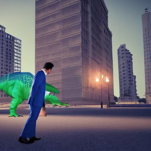 Image similar to a man with an elegant blue suit, photography, 3 d render, at night, buildings, dinosaur, strawberries