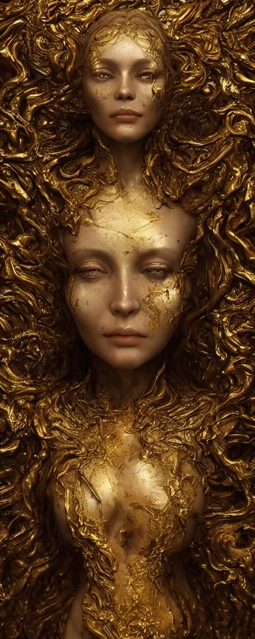 Prompt: portrait of a surreal goddess floating in the middle of a ancient wood, gold fluid simulation in the background, ultra super good realistic 3D render by Pete Morbacher and Emil Melmoth, insanely detailed, trending on artstation, sharp focus