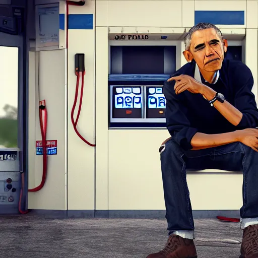 Image similar to barack obama wearing ripped jeans at a gas station, unreal engine, highly detailed render, 8 k