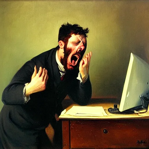 Image similar to an angry man yells at his computer monitor, oil on canvas, 1 9 0 1