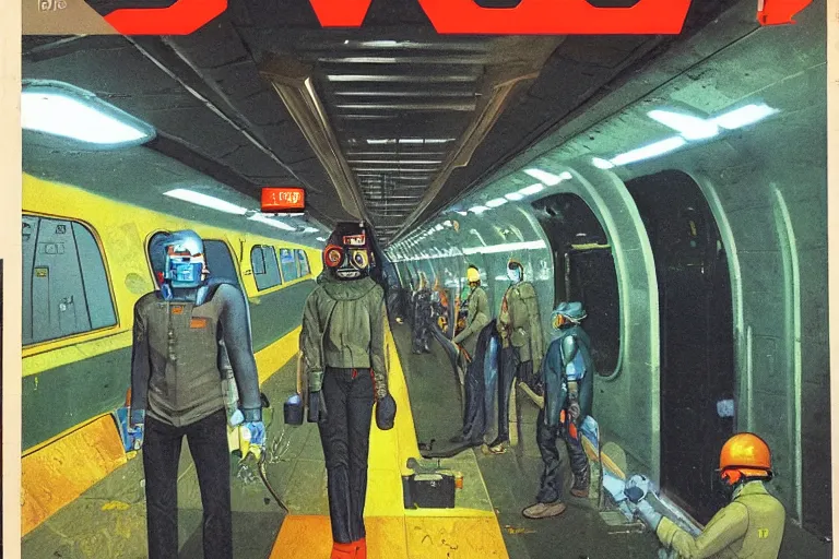 Image similar to 1979 OMNI Magazine Cover of a subway train maintenance tunnel. Cyberpunk Akira style by Vincent Di Fate