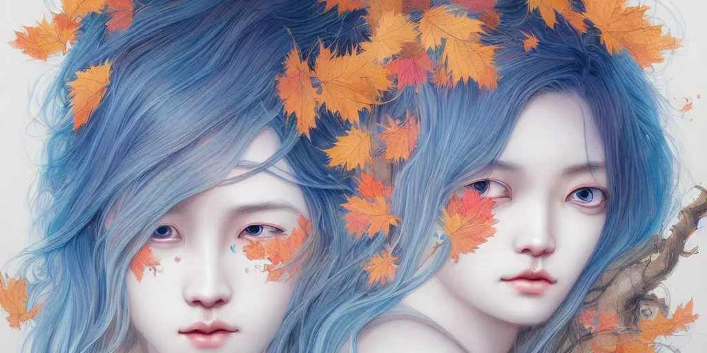 Image similar to breathtaking detailed concept art painting pattern of blue hair faces goddesses amalgamation autumn leaves with anxious piercing eyes, by hsiao - ron cheng and james jean, pastel colors, bizarre compositions, exquisite detail, 8 k