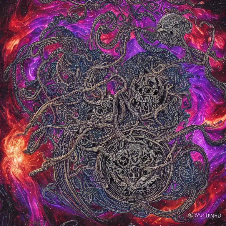 Prompt: a intricate mandala of skulls and flesh and bone with deep and intricate rune carvings and weaving lovecraftian tentacles emerging from a space nebula by dan mumford, twirling smoke trails, a twisting vortex of dying galaxies, collapsing stars, digital art, photorealistic, vivid colors, highly detailed, intricate