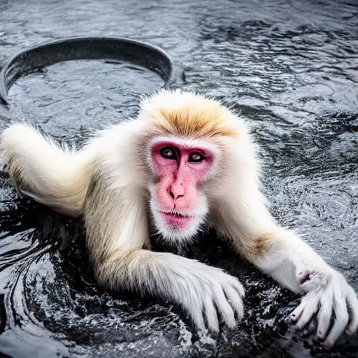 Prompt: Japanese white macaque in a hot pool, award winning photography, cinematic, steam rising off the water