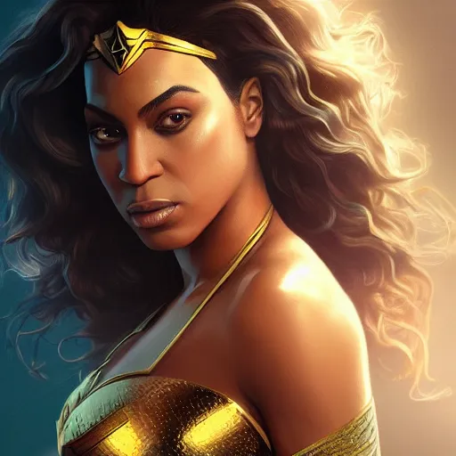 Prompt: full figure ultra realistic illustration, beyonce as wonder woman, beautiful, intricate, elegant, highly detailed, digital painting, artstation, concept art, smooth, sharp focus, illustration, art by artgerm and greg rutkowski and alphonse mucha