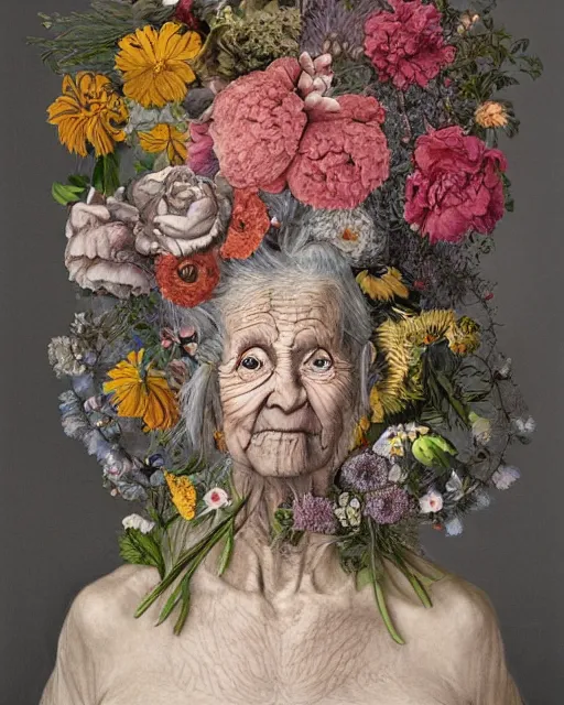 Prompt: a portrait of a fleshy old woman covered in flowers in the style of guiseppe arcimboldo and james jean, covered in wispy gray hair with a hint of neon.