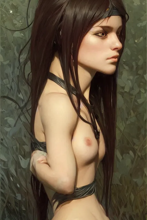 Image similar to portrait of a catgirl, dark, piercing eyes, gentle expression, elegant clothing, photorealistic, highly detailed, artstation, smooth, sharp focus, art by michael whelan, artgerm, greg rutkowski and alphonse mucha