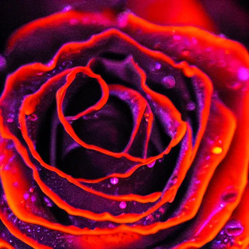 Image similar to award - winning macro of a beautiful black rose made of glowing molten magma, inner glow, lava texture