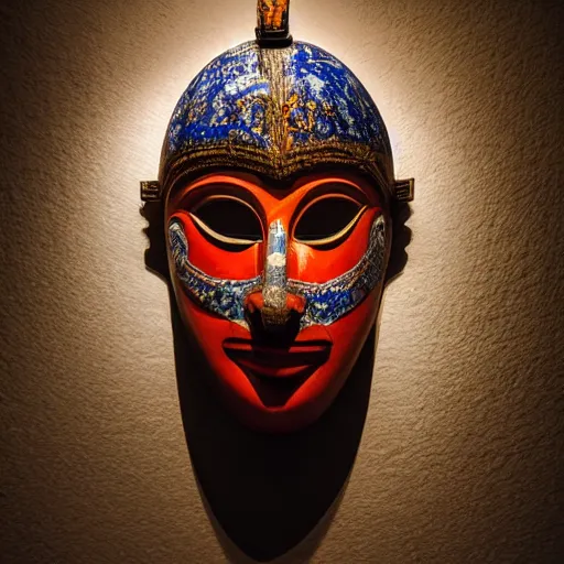 Prompt: traditional pagan mask in a museum with spot lights, realistic, photography, photojournalism, national geographic photoshoot