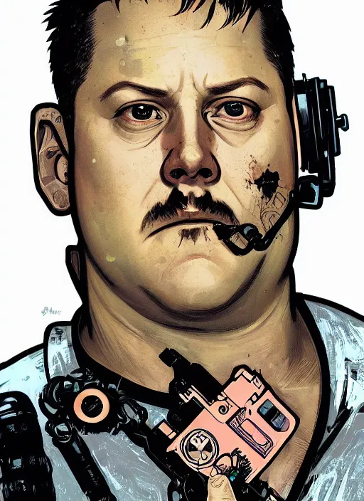 Prompt: cyberpunk paul blart using taser. portrait by ashley wood and alphonse mucha and laurie greasley and josan gonzalez and james gurney. spliner cell, apex legends, rb 6 s, hl 2, d & d, cyberpunk 2 0 7 7. realistic face. vivid color. dystopian setting.