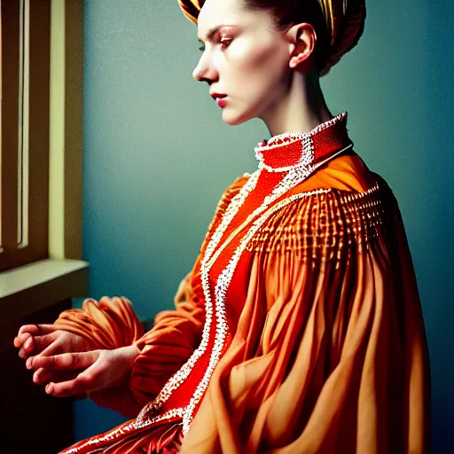Image similar to hyperrealism photography in caravaggio style computer simulation visualisation of parallel universe sit - com scene with beautiful highly detailed ukrainian woman wearing ukrainian traditional suit designed by taras shevchenko that wearing neofuturistic neural interface by josan gonzalez. hyperrealism photo on pentax 6 7, kodak portra 4 0 0 volumetric natural light - s 1 5 0