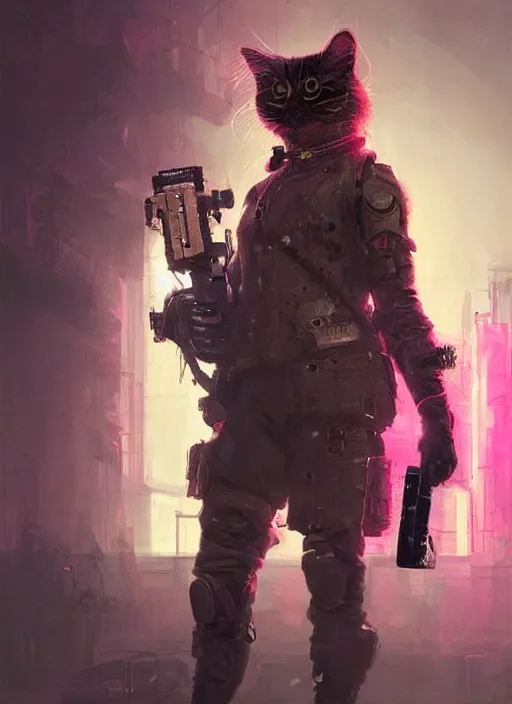 Image similar to a portrait of a futuristic cyberpunk british longhair cat soldier in war scene, epic scene, epic lighting, pink vibe, by greg rutkowski