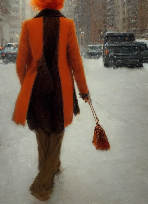 Image similar to back of emma stone in beige coat, orange hair, walking into new york apartment building in winter, artwork by gaston bussiere, craig mullins, trending on artstation