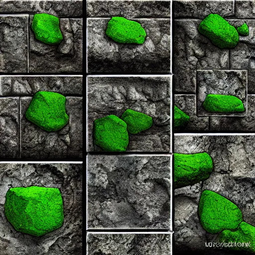 Prompt: digital hand painted tiles textures of a rock bricks with moss, digital art, fantasy, behance, pinterest, deviantart, artstation, design, rpg, detailed, digital art, incredible, digital painting