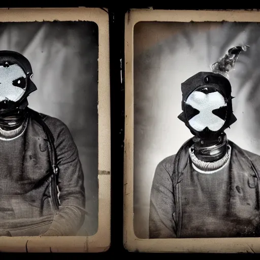 Image similar to tintype photographs of techno shamans, telepaths, dieselpunk cyborgs, masked heroes, irradiated humans, ancient ones, mystic monsters, and monster hunters