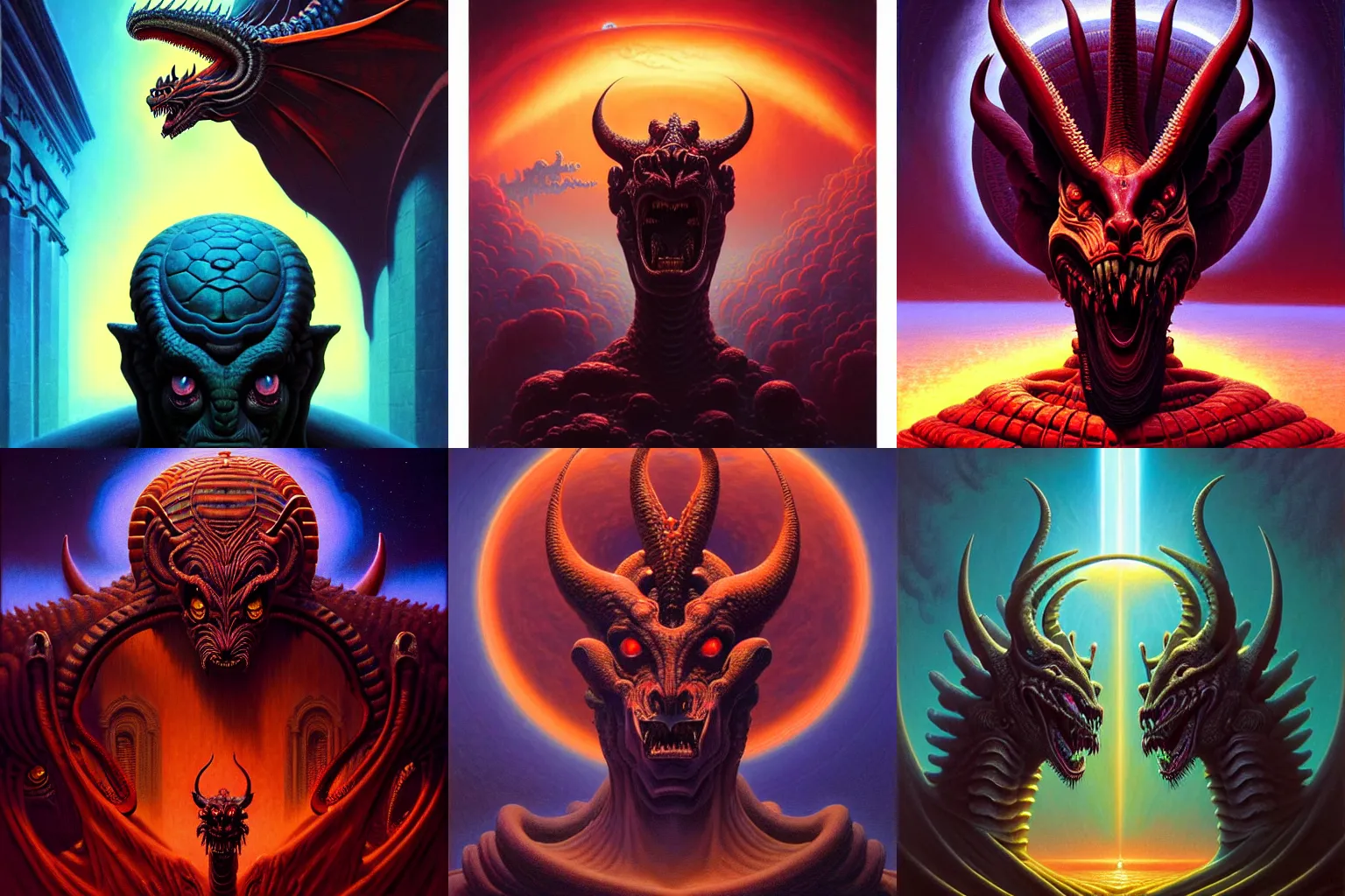 Prompt: Cinematic head-on symmetrical centered portrait of gothic daemon dragon god, head and bust only, by Tim Hildebrandt, by Wayne Barlowe, by Bruce Pennington, by Zdzisław Beksiński, by Paul Lehr, oil on canvas, masterpiece, trending on artstation, featured on pixiv, cinematic composition, astrophotography, dramatic pose, beautiful lighting, sharp, details, details, details, hyper-detailed, no frames, HD, HDR, 4K, 8K