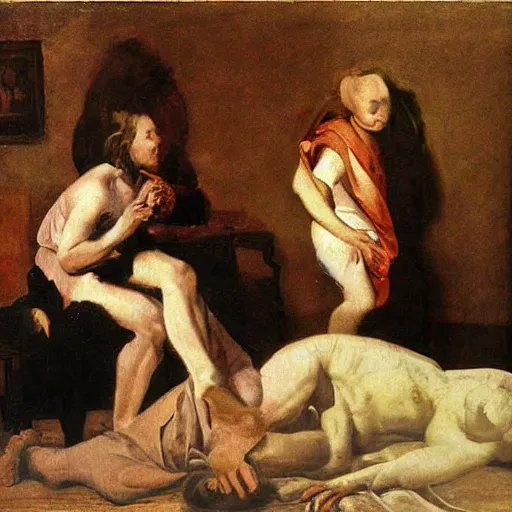 Prompt: two blurry figures in a messy room. by caravaggio. Inspired by Salvador Dali. white red yellow brown.