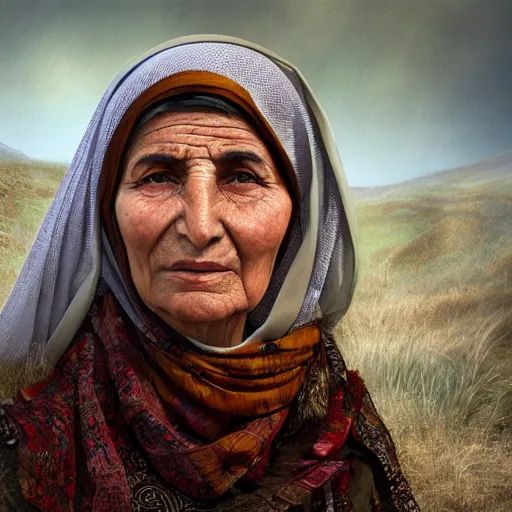Prompt: hyperrealistic mixed media high resolution image of a beautiful Kurdish grandmother, stunning 3d render inspired art by István Sándorfi and Greg Rutkowski and Unreal Engine, perfect symmetry, 8k octane beautifully detailed render, post-processing, extremely hyper-detailed, intricate, epic composition, highly detailed attributes, highly detailed atmosphere, full body shot, cinematic lighting, masterpiece, trending on artstation, very very detailed, masterpiece, stunning, perfection,