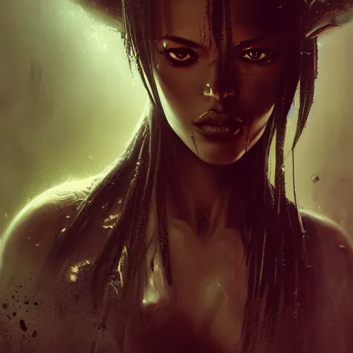 Image similar to aaliyah, darkwave, darksynth, concept headshot art, sharp, digital matte painting, art by luis royo, greg rutkowski, wlop, dramatic lighting, trending on artstation