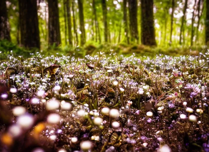 Image similar to a magical forest with delicate flowers and mushrooms that glow in the dusk, macro close up, bokeh,