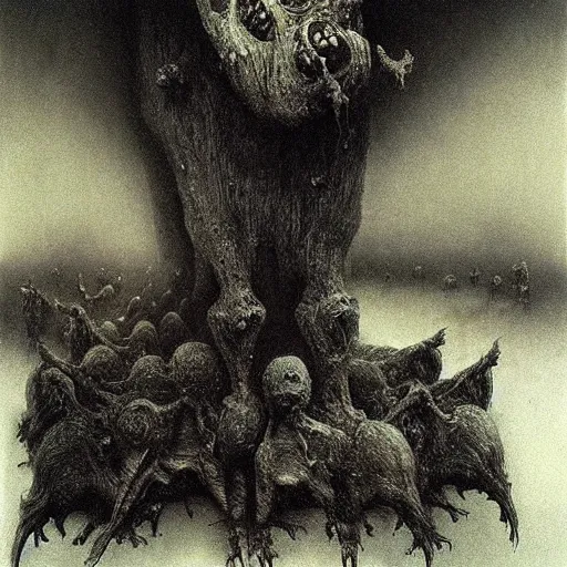 Prompt: the hell of rats beksinski, scary eldritch, nightmare, apocalypse, creepy creature, horror spooky