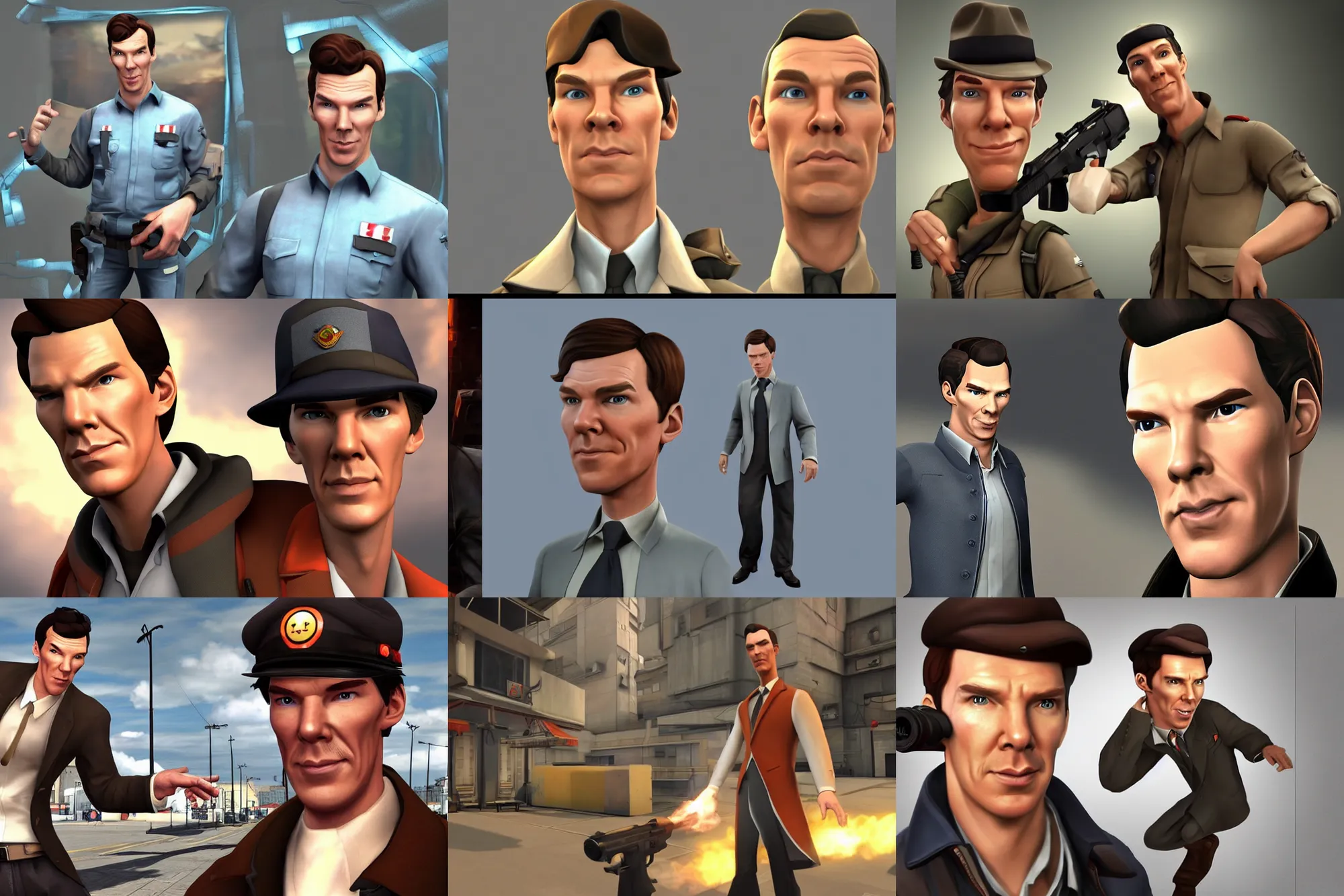 Prompt: a screenshot of benedict cumberbatch in the video game tf 2. 3 d rendering. unreal engine. amazing likeness. very detailed. cartoon caricature.