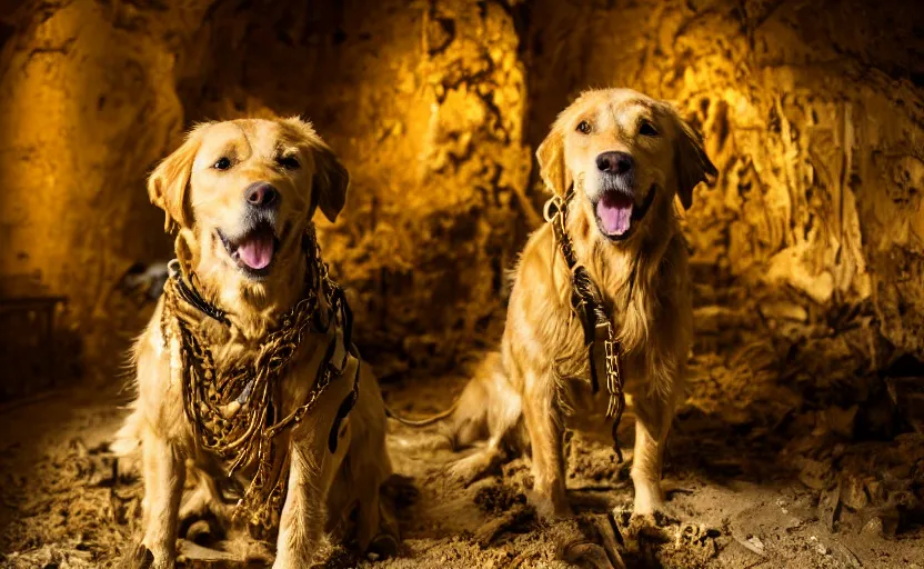 Prompt: a dirty golden retriever in a dark mine with large piles of gold nuggets and wearing a wild west hat and jacket, dim moody lighting, wooden supports, wall torches, cinematic style photograph