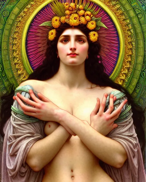 Image similar to goddess of nature, unusual beauty, emotionally evoking symbolic metaphors, head in focus, fantasy, ornamental, intricate, elegant, sensual, highly detailed digital painting, artstation, concept art, painterly, golden ratio, sharp focus, illustration, art by John William Godward and Rafael and Alphonse Mucha and Zdzisław Beksiński,