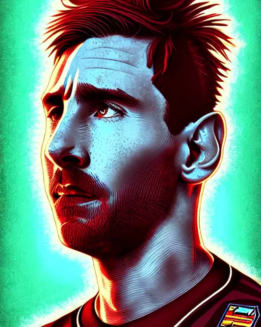 Image similar to messi, character portrait, portrait, close up, concept art, intricate details, highly detailed, sci - fi poster, cyberpunk art, in the style of looney tunes