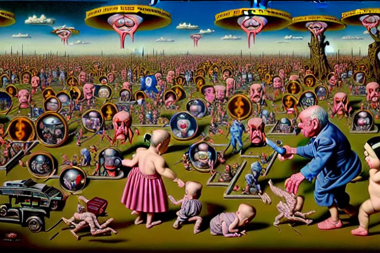 Image similar to a sparsely populated strange battle in an old hospital between old people and babies Robert Williams Mark Ryden and Alex Gross, Todd Schorr highly detailed deep perspective perfect composition