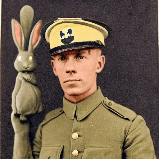 Image similar to a ww1 portrait of a rabbit wearing a uniform