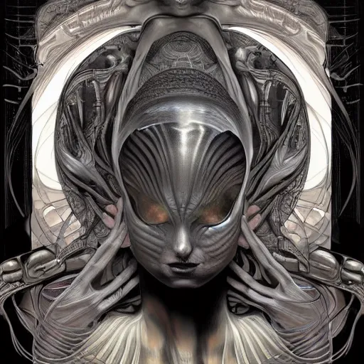 Image similar to professional digital painting, extreme illustration of an alien by H R Giger + artgerm, alphonse mucha ::