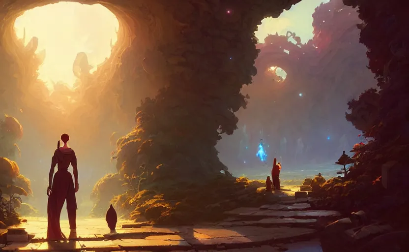 Image similar to portal to another world, painting by unreal engine, greg rutkowski, loish, rhads, beeple, makoto shinkai and lois van baarle, ilya kuvshinov, rossdraws, tom bagshaw, alphonse mucha, global illumination, detailed and intricate environment