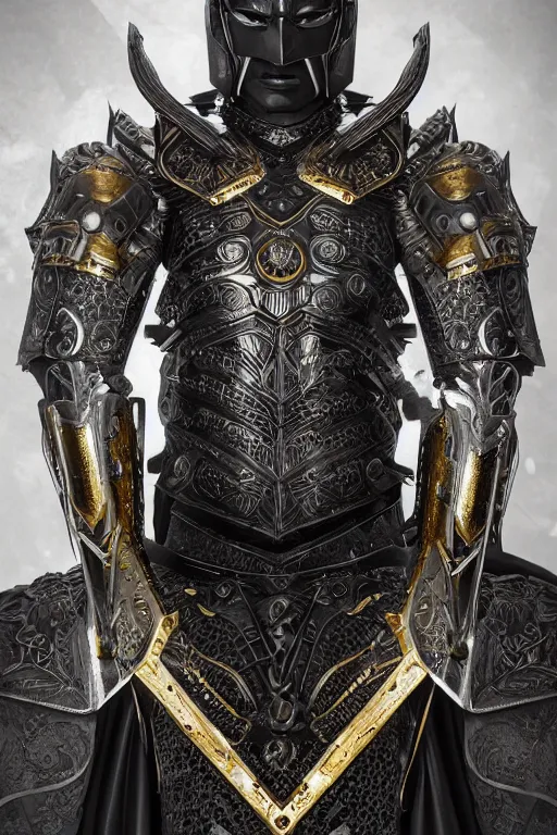 Image similar to hyper realistic glorious ancient celtic batman in a obsidian metal armor, futuristic design, designed by makoto kobayashi and luca zampriolo, portrait, cyberpunk style, wood and gold details, intricate, extremely detailed, ornate, deep of field, hard surface, exoskeleton, substance designer metal