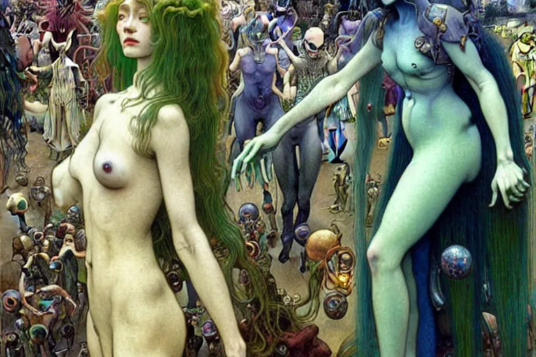 Image similar to realistic extremely detailed portrait painting of ghost girl with green hair wearing dress in a crowded sci-fi city street, very detailed alien crowd by Jean Delville, Amano, Yves Tanguy, Alphonse Mucha, Ernst Haeckel, Edward Robert Hughes, Roger Dean, rich moody colours, blue eyes