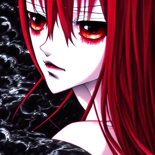 Image similar to beautiful lustful female ghost, in the rain, highly detailed, painting, dark red and black color palette, intricate, high quality anime artstyle, in the style of sana takeda