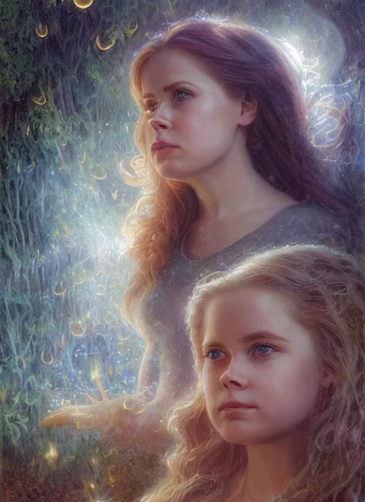 Image similar to Amy Adams staring into the camera, misty wisps, fireflies, Lilia Alvarado, Sophie Anderson, Mark Arian, Bob Byerley, Charlie Bowater, Mark Brooks, Steve Henderson, Justin Gerard, Arthur Hughes, Edward Robert Hughes, Mark Keathley, Victor Nizovtsev, Carlos Shwabe, Ross Tran, WLOP