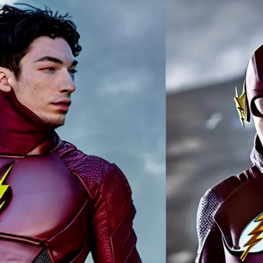 Image similar to a duel between warner and ezra miller as flash ( right ), in space, shot on alexa, trending on hollywood reporter