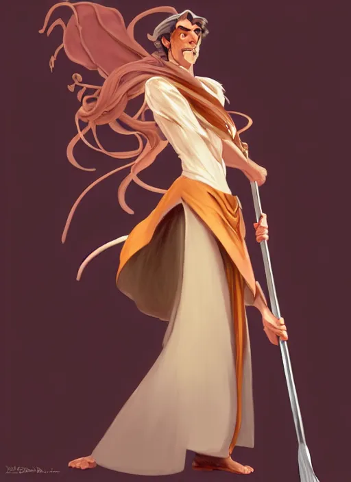 Image similar to elegant fantasy wizard based on anthony edan holding a broom natural lighting, path traced, highly detailed, high quality, digital painting, by don bluth and ross tran and studio ghibli and alphonse mucha, artgerm