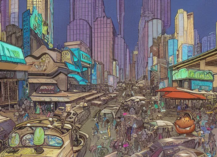 Image similar to close up view of a bustling city street on an alien planet by jeff darrow, earth and pastel colors, dramatic perspective