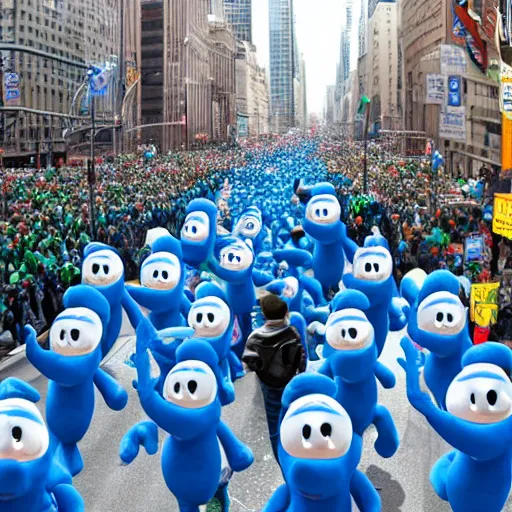 Image similar to a parade of stuffed smurfs marching down 5 th ave manhattan on st. patrick's day, 8 k, photo realistic, extremely life like