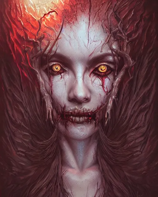 Image similar to demonic lilith goddess, hyper realistic face, horror, fantasy art, in the style of greg rutkowski, intricate, hyper detailed