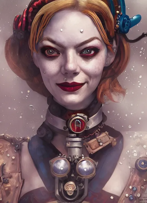 Prompt: underwater steampunk portrait of emma stone as harley quinn, hyper detailed, digital art, cinematic lighting, studio quality, smooth render, unreal engine 5, octane rendered, art style by klimt and nixeu and ian sprigger and krenz cushart.