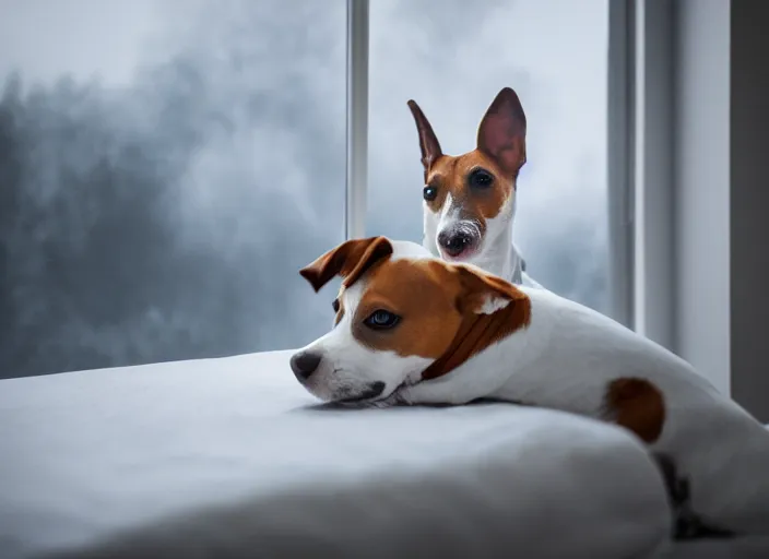 Image similar to photography of a Jack Russel . watching outside the window. on a bed .in a 3d rendered white room. octane render, 3d, foggy, volumetric light, volumetric fog, photorealistic, unreal engine 5, award winning photo, 100mm, sharp, cloth, high res