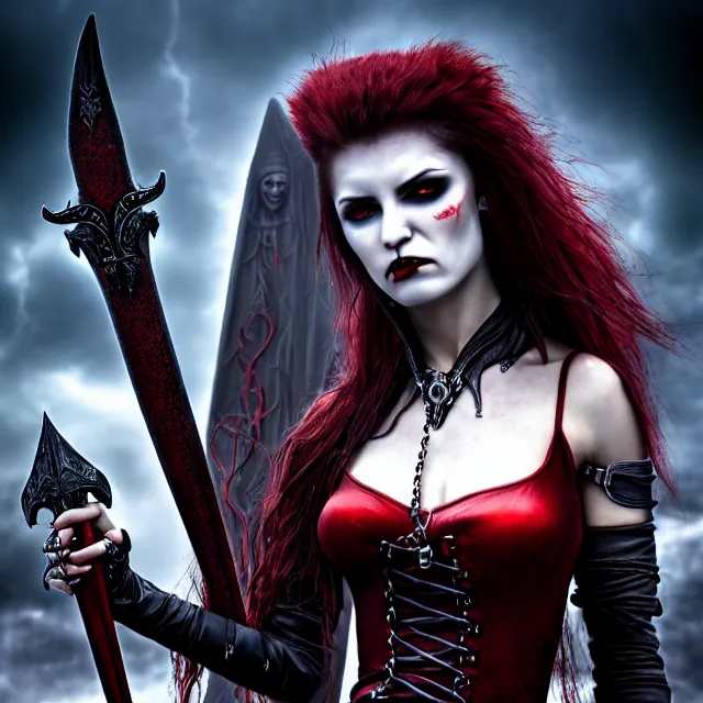 Prompt: vampire warrior queen, 4 k, hdr, smooth, sharp focus, high resolution, award - winning photo, anne stokes, photorealistic