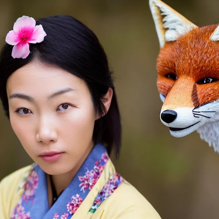 Image similar to portrait photograph of an extremely beautiful!!!! young Asian female , symmetric face!, symmetric round detailed eyes!!, slight smile, natural light, wearing a flower kimono!! with a very detailed fox!! behind her shoulder in front of a hot spring. looking at the camera!!. super resolution. Extremely detailed. Graflex camera!, bokeh!!!!! trending on artstation.