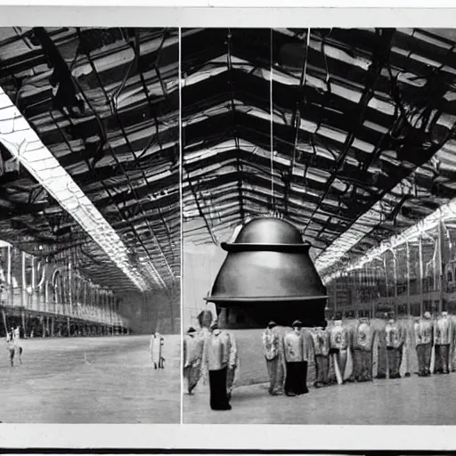 Image similar to flying saucer, ufo, alien ship inside a hanger, old photo, vintage photo, grainy, realistic, real photo, men in hazmat suits standing around