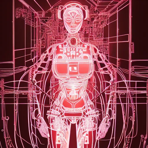 Prompt: a beautiful body of a bot pilot woman mostly made of wires and electronic circuits led luminous, an ultrafine detailed illustration by james jean, final fantasy, intricate linework, bright colors, behance contest winner, vanitas, angular, altermodern, unreal engine 5 highly rendered, global illumination, radiant light, detailed and intricate environment