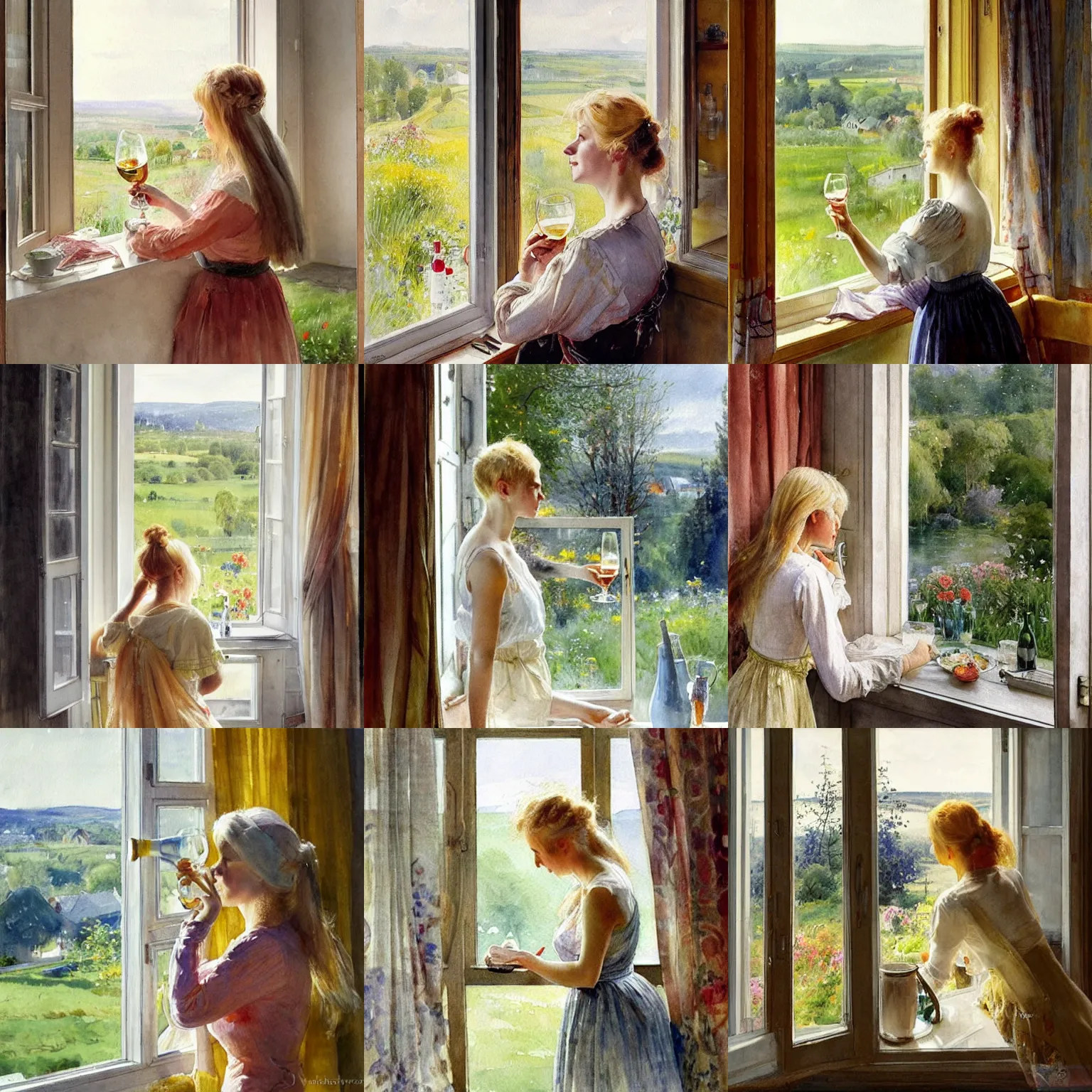 Prompt: hot blonde woman drinking wine while looking out through the window, swedish countryside, seaview, morning, calm, watercolor painting by vladimir volegov, carl larsson, anders zorn